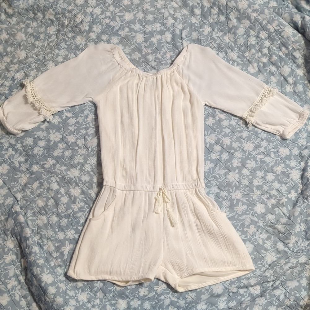Star Ride Girls 14/16 White Gauze Romper Crochet Lace Trim Tassel 3/4 Sleeve 623